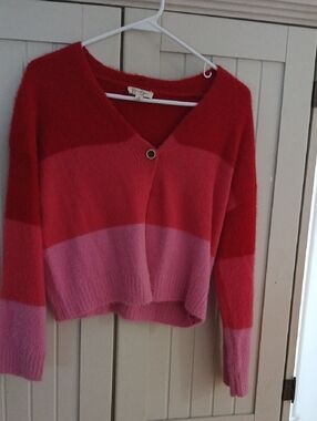 Jessica Simpson Red and Pink Striped V-Neck Sweater